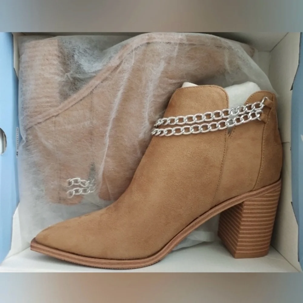 PiePieBuy Suede Chain Ankle Boots | Block Heel Tan Booties | Size 9 BNIB